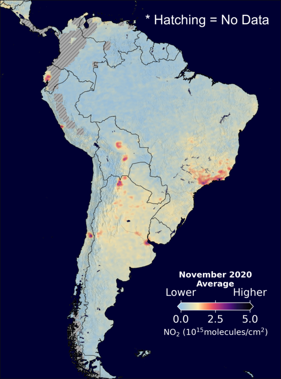 An average nitrogen dioxide image over SouthAmerica for November 2020.