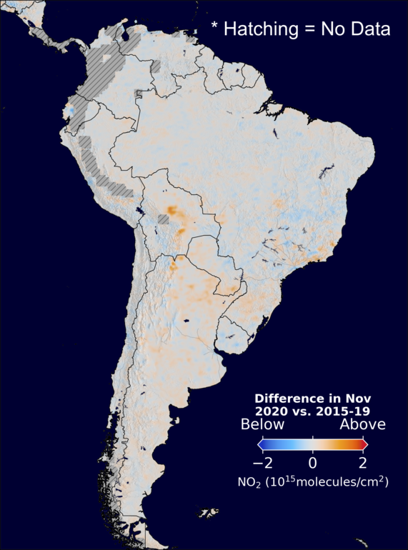 The average minus the baseline nitrogen dioxide image over SouthAmerica for November 2020.