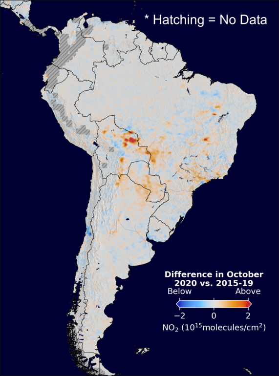 The average minus the baseline nitrogen dioxide image over SouthAmerica for October 2020.