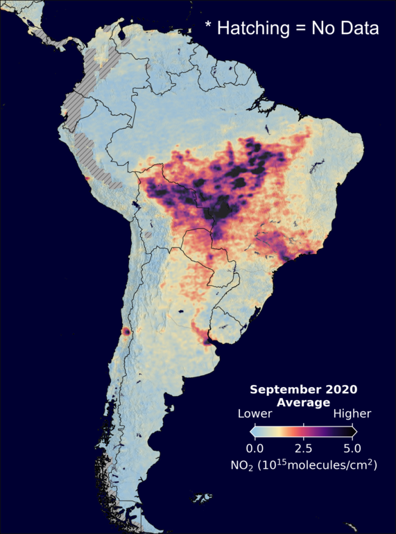 An average nitrogen dioxide image over SouthAmerica for September 2020.