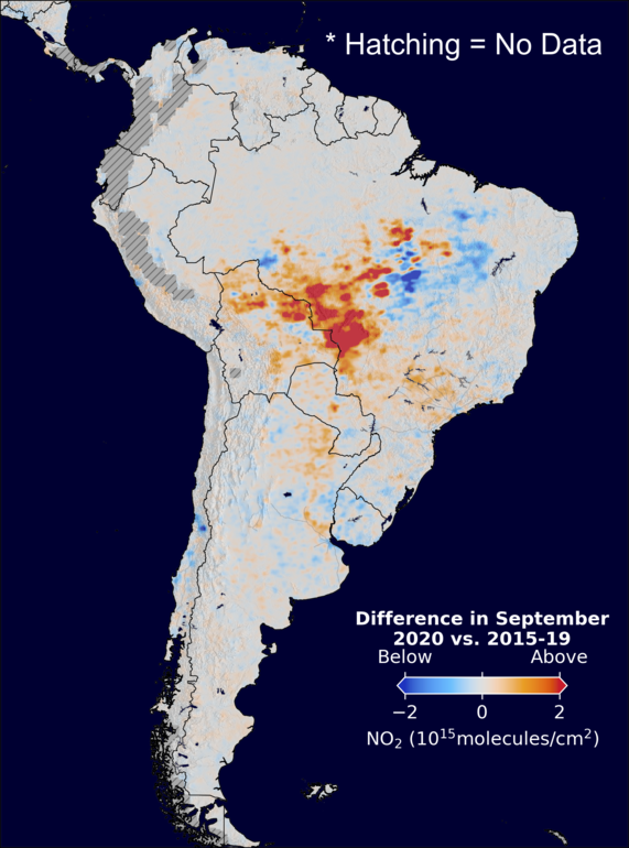 The average minus the baseline nitrogen dioxide image over SouthAmerica for September 2020.