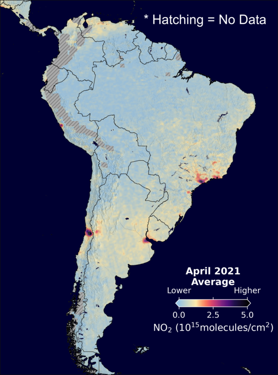 An average nitrogen dioxide image over SouthAmerica for April 2021.