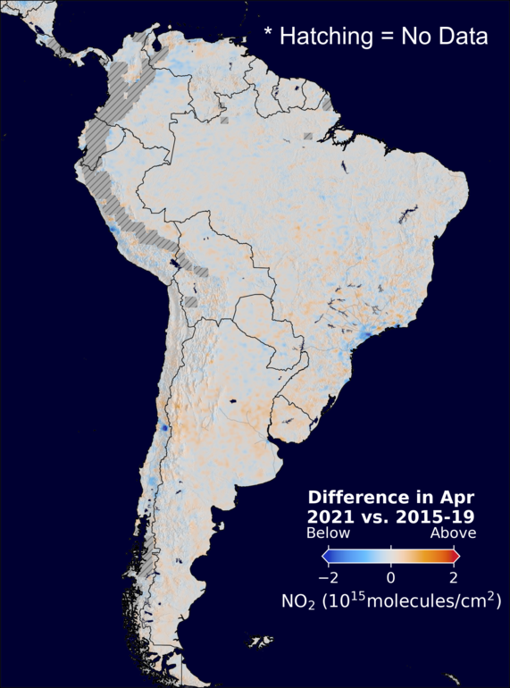 The average minus the baseline nitrogen dioxide image over SouthAmerica for April 2021.
