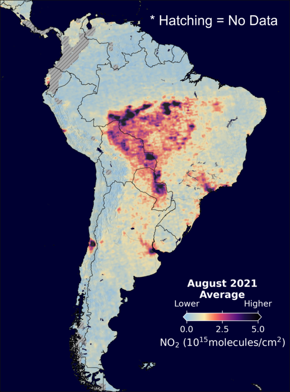 An average nitrogen dioxide image over SouthAmerica for August 2021.