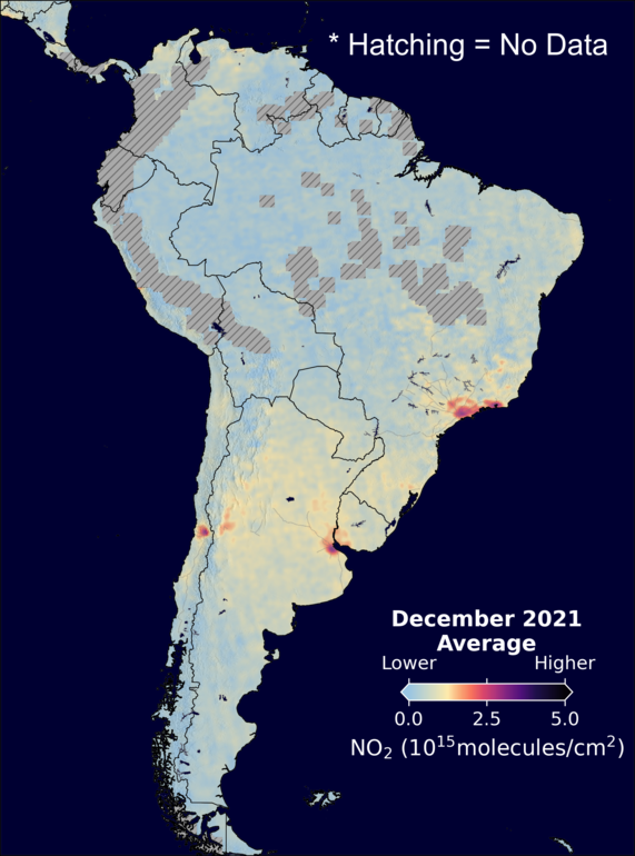 An average nitrogen dioxide image over SouthAmerica for December 2021.