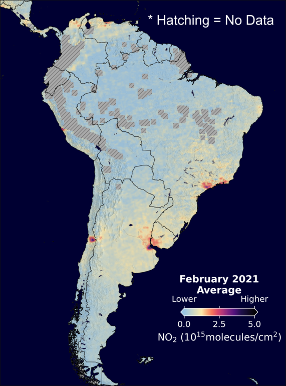 An average nitrogen dioxide image over SouthAmerica for February 2021.