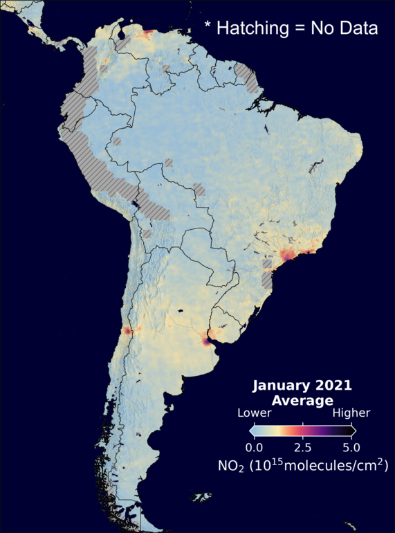 An average nitrogen dioxide image over SouthAmerica for January 2021.