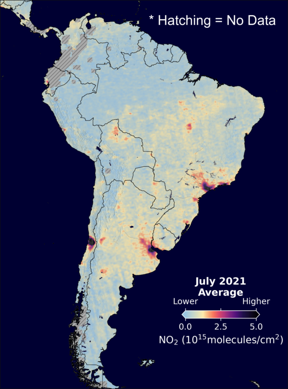 An average nitrogen dioxide image over SouthAmerica for July 2021.