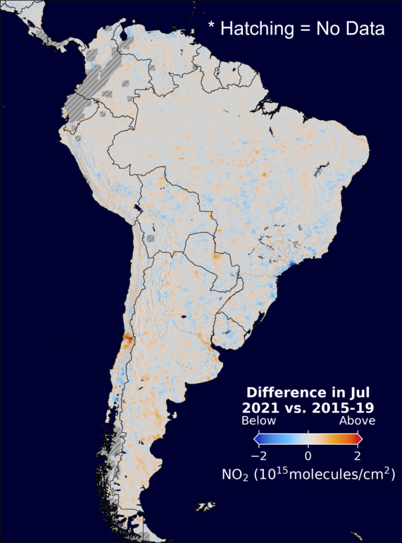 The average minus the baseline nitrogen dioxide image over SouthAmerica for July 2021.
