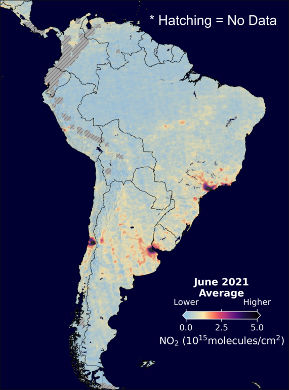 An average nitrogen dioxide image over SouthAmerica for June 2021.