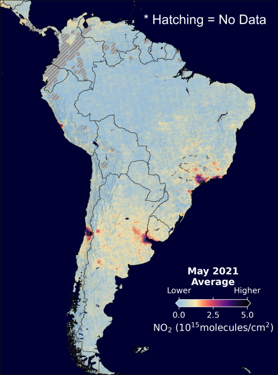 An average nitrogen dioxide image over SouthAmerica for May 2021.