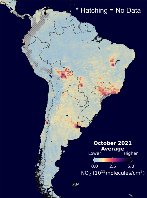 An average nitrogen dioxide image over SouthAmerica for October 2021.