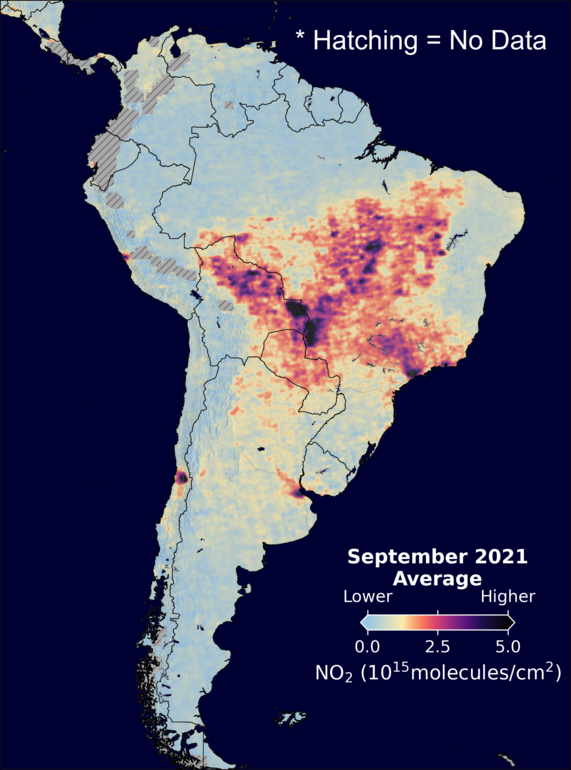 An average nitrogen dioxide image over SouthAmerica for September 2021.