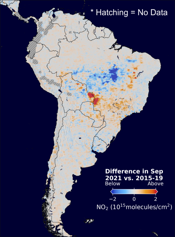 The average minus the baseline nitrogen dioxide image over SouthAmerica for September 2021.