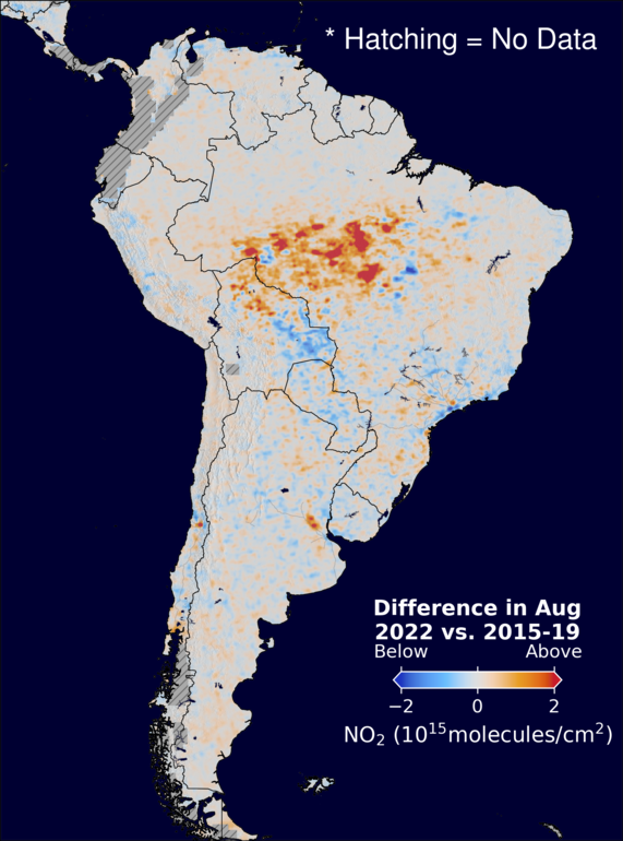 The average minus the baseline nitrogen dioxide image over SouthAmerica for August 2022.