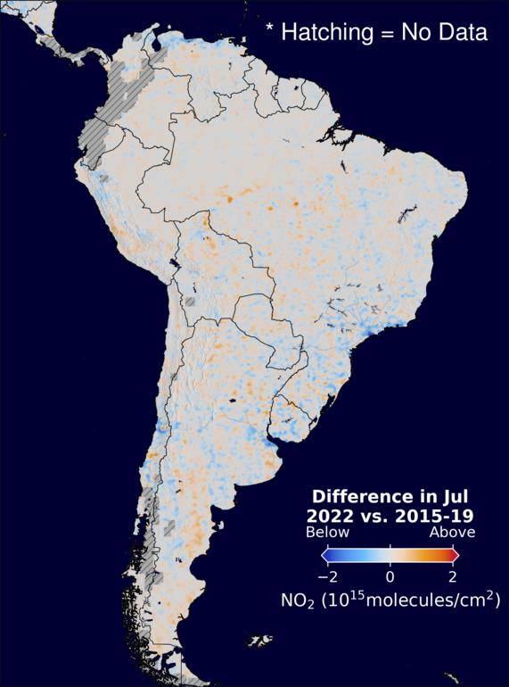 The average minus the baseline nitrogen dioxide image over SouthAmerica for July 2022.