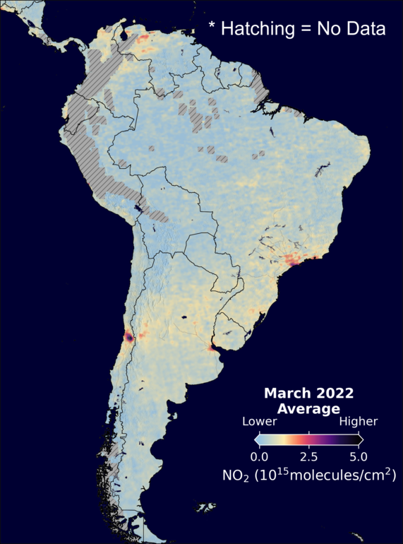 An average nitrogen dioxide image over SouthAmerica for March 2022.