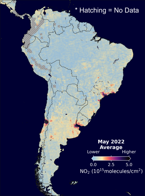 An average nitrogen dioxide image over SouthAmerica for May 2022.