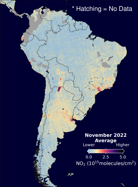 An average nitrogen dioxide image over SouthAmerica for November 2022.