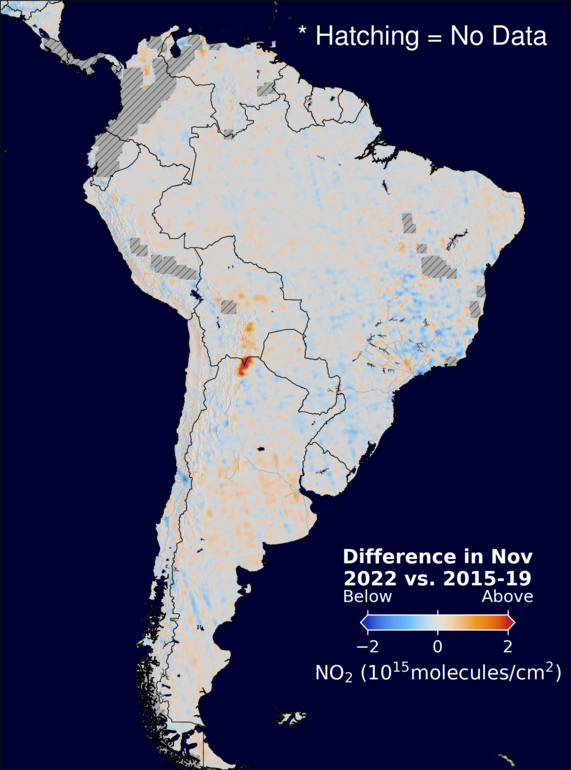 The average minus the baseline nitrogen dioxide image over SouthAmerica for November 2022.