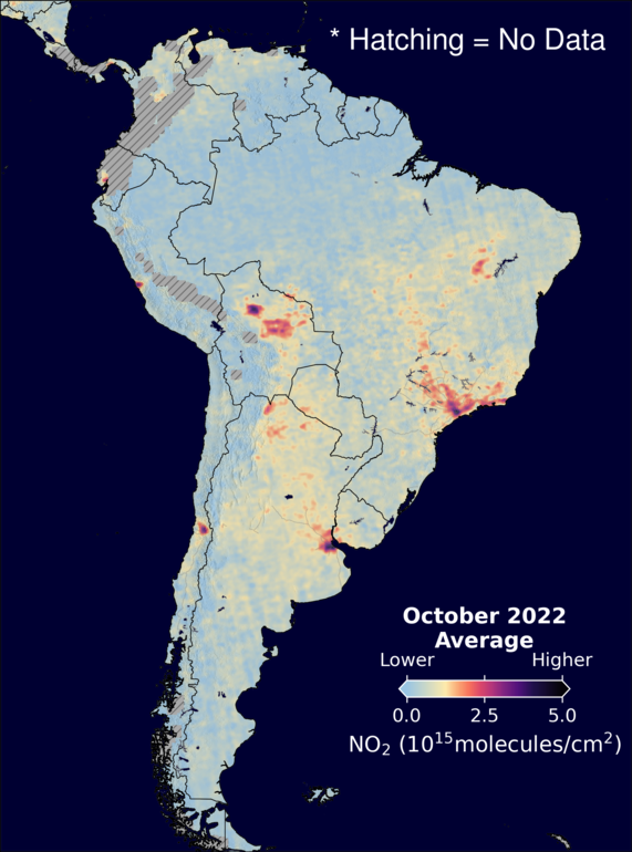 An average nitrogen dioxide image over SouthAmerica for October 2022.