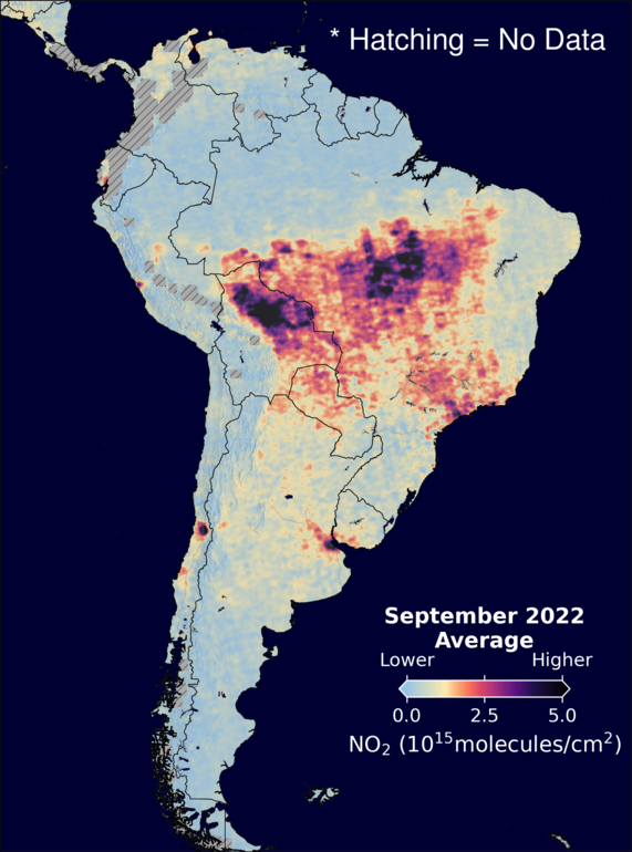 An average nitrogen dioxide image over SouthAmerica for September 2022.