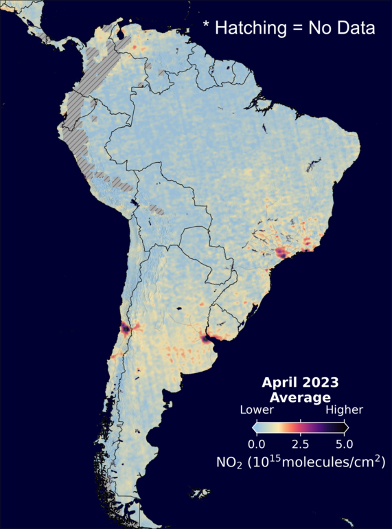 An average nitrogen dioxide image over SouthAmerica for April 2023.