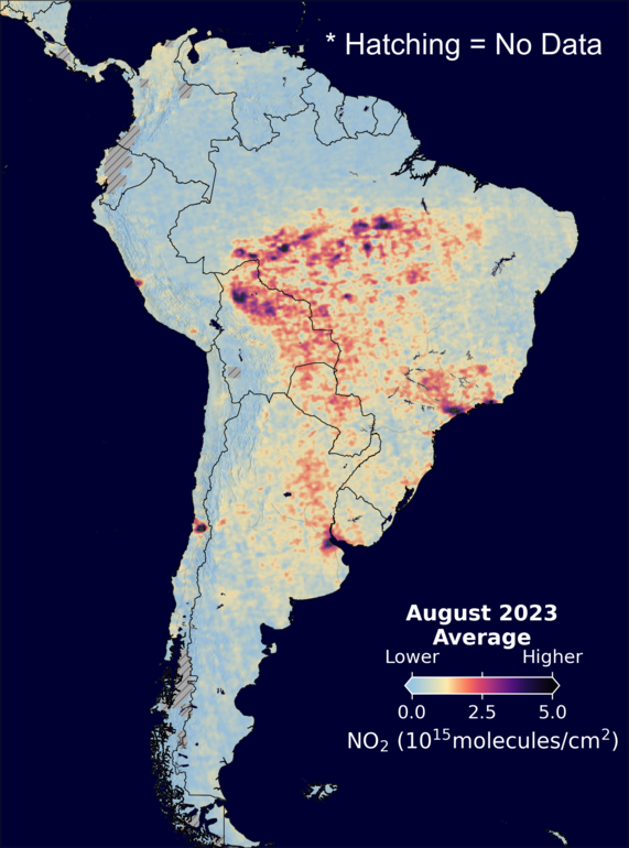 An average nitrogen dioxide image over SouthAmerica for August 2023.