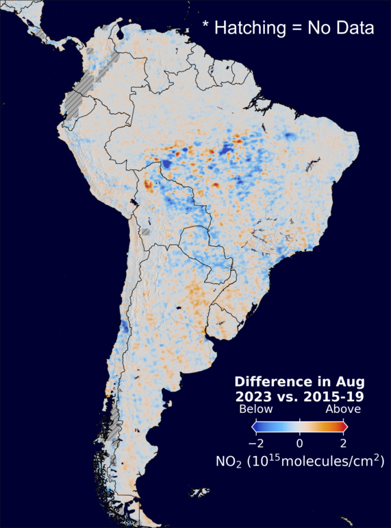 The average minus the baseline nitrogen dioxide image over SouthAmerica for August 2023.
