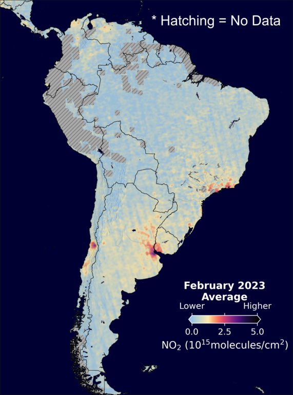 An average nitrogen dioxide image over SouthAmerica for February 2023.