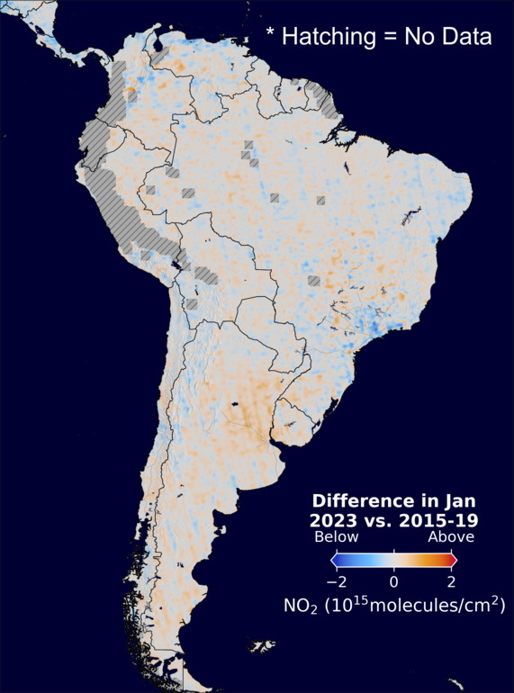The average minus the baseline nitrogen dioxide image over SouthAmerica for January 2023.