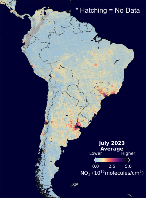 An average nitrogen dioxide image over SouthAmerica for July 2023.