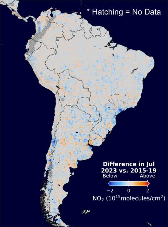 The average minus the baseline nitrogen dioxide image over SouthAmerica for July 2023.