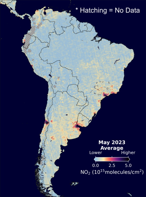 An average nitrogen dioxide image over SouthAmerica for May 2023.