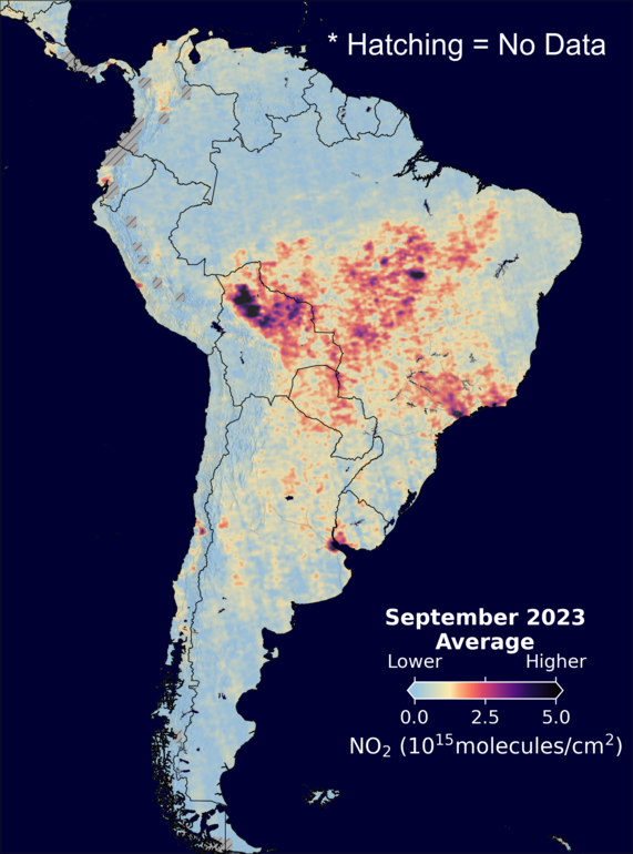 An average nitrogen dioxide image over SouthAmerica for September 2023.