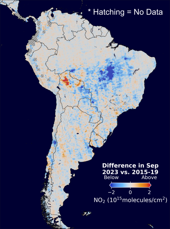 The average minus the baseline nitrogen dioxide image over SouthAmerica for September 2023.