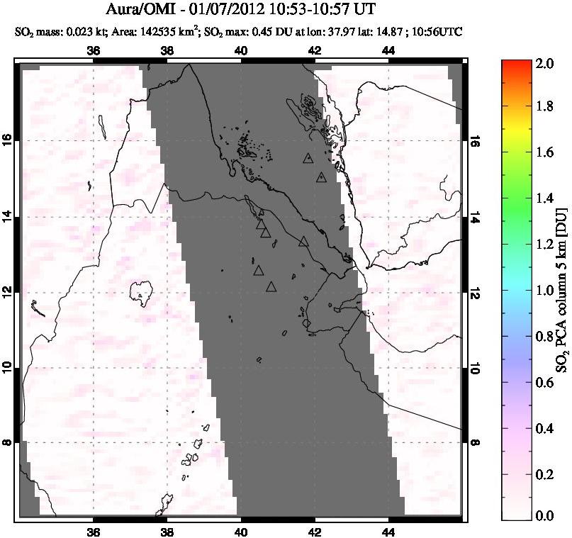 A sulfur dioxide image over Afar and southern Red Sea on Jan 07, 2012.