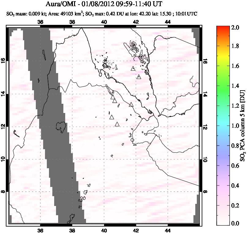 A sulfur dioxide image over Afar and southern Red Sea on Jan 08, 2012.