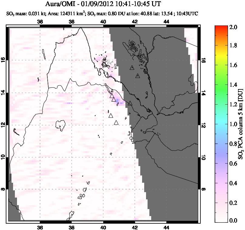 A sulfur dioxide image over Afar and southern Red Sea on Jan 09, 2012.