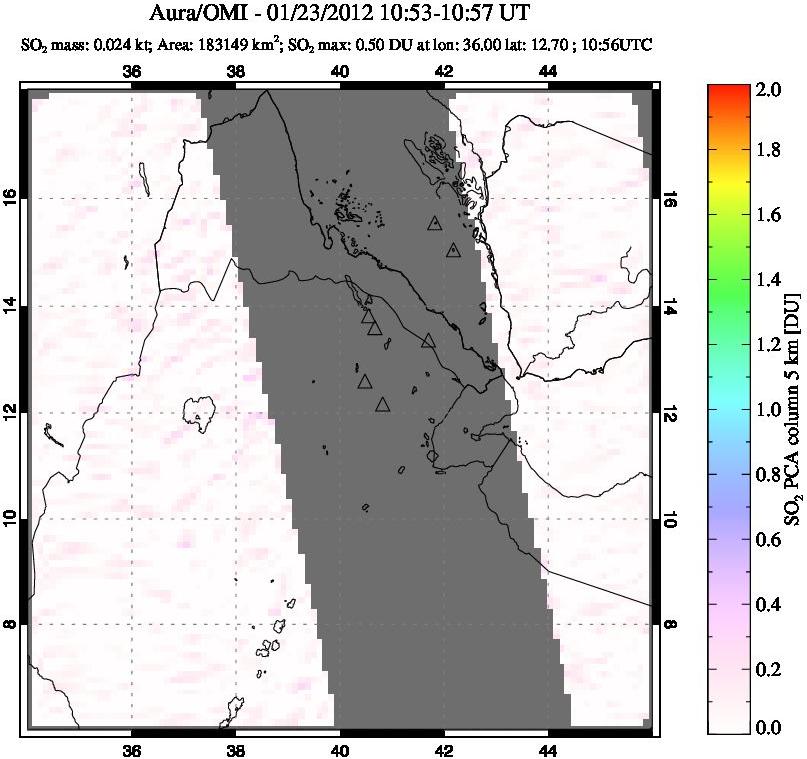 A sulfur dioxide image over Afar and southern Red Sea on Jan 23, 2012.