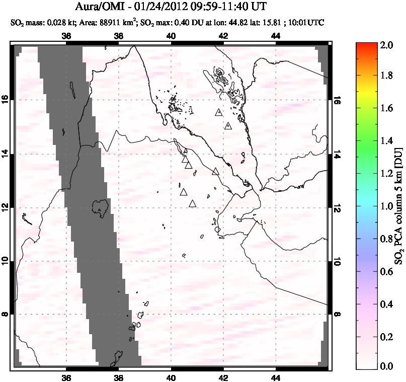 A sulfur dioxide image over Afar and southern Red Sea on Jan 24, 2012.