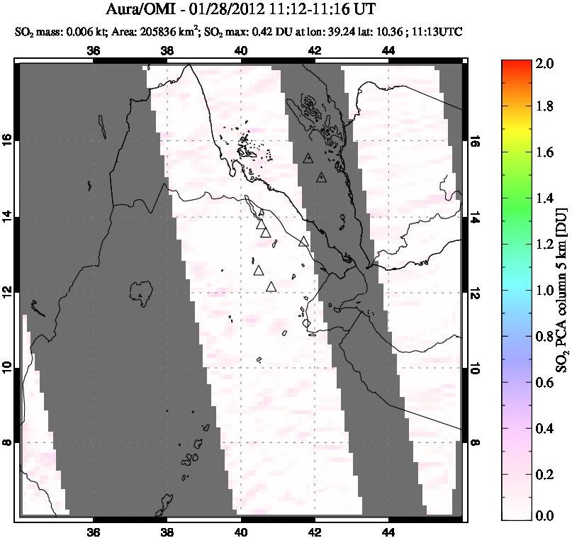 A sulfur dioxide image over Afar and southern Red Sea on Jan 28, 2012.
