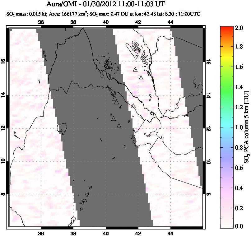A sulfur dioxide image over Afar and southern Red Sea on Jan 30, 2012.