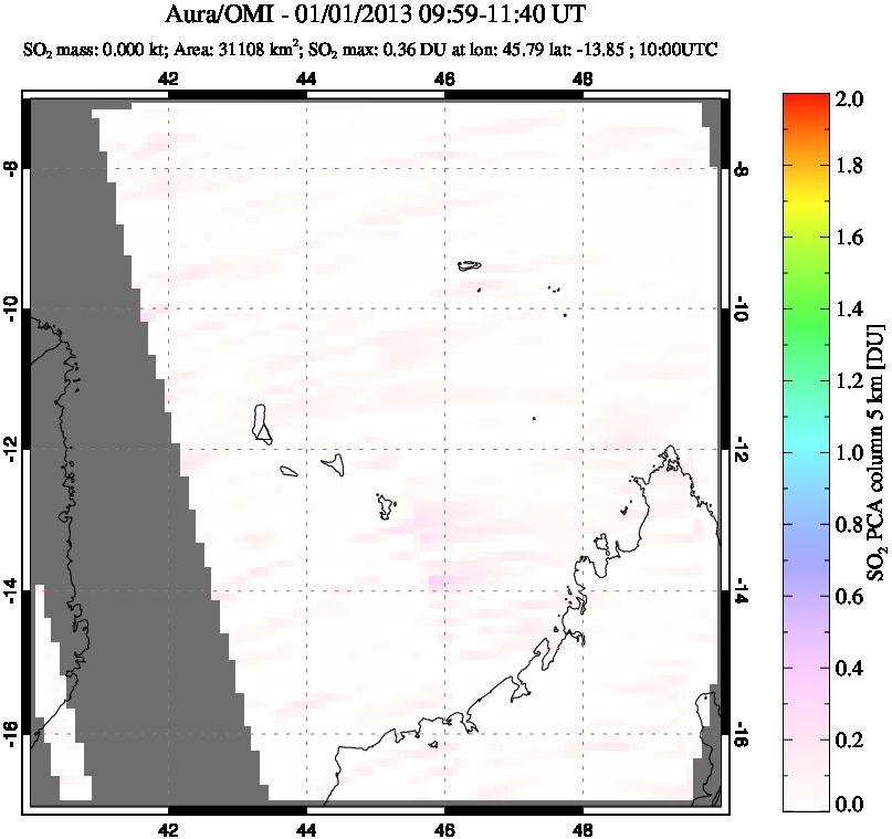 A sulfur dioxide image over Comoro Islands on Jan 01, 2013.