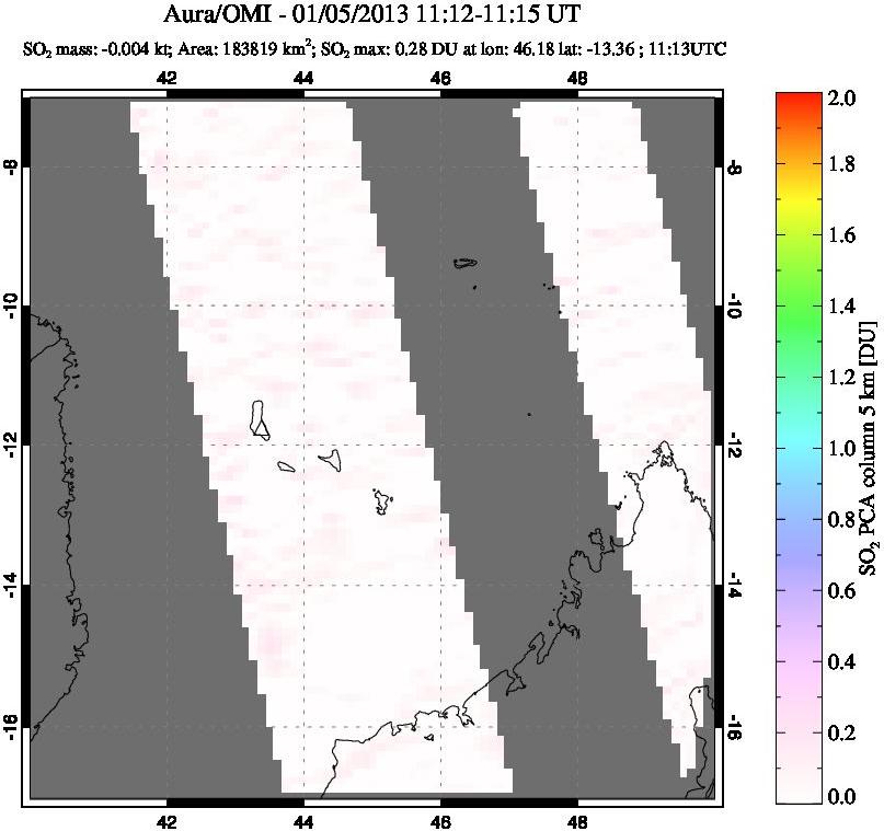 A sulfur dioxide image over Comoro Islands on Jan 05, 2013.