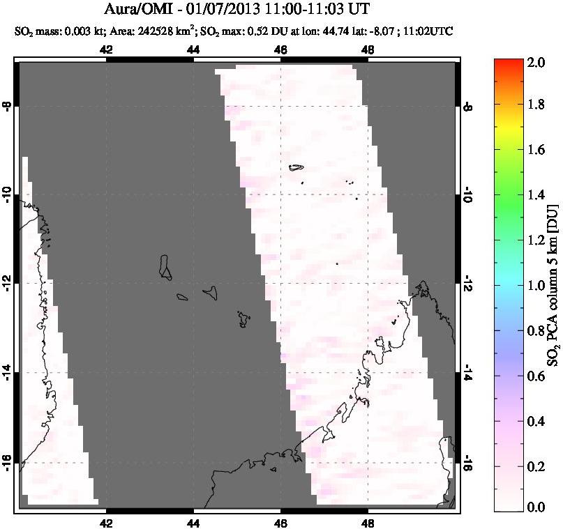 A sulfur dioxide image over Comoro Islands on Jan 07, 2013.
