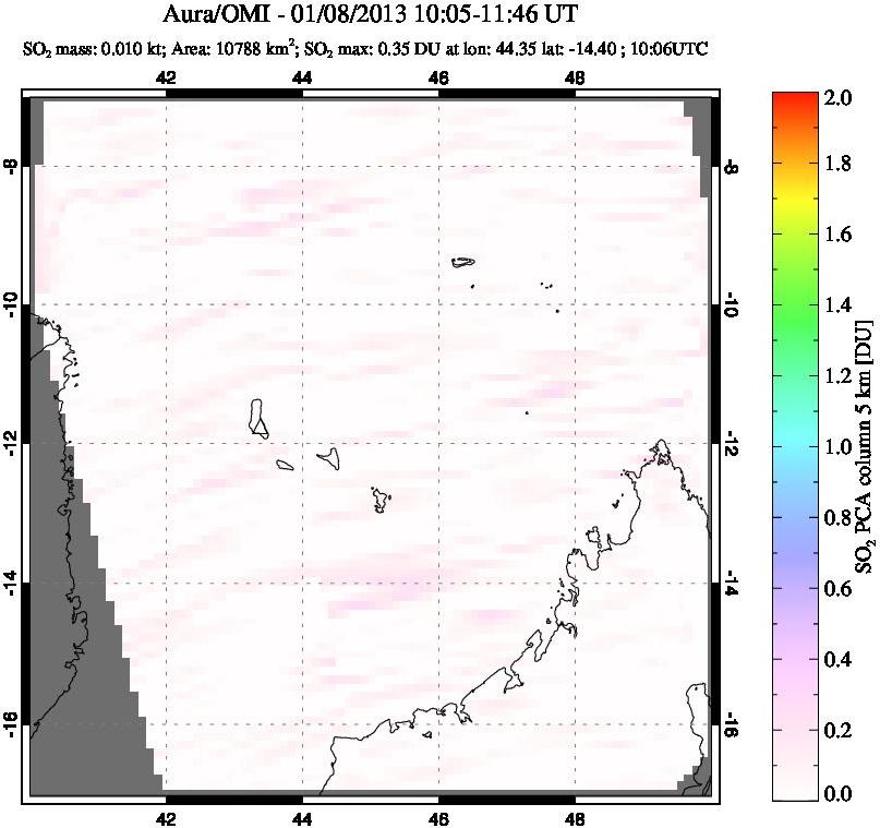 A sulfur dioxide image over Comoro Islands on Jan 08, 2013.