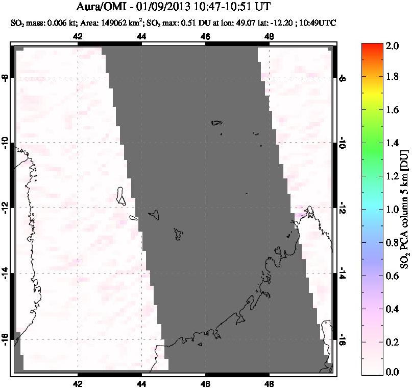 A sulfur dioxide image over Comoro Islands on Jan 09, 2013.