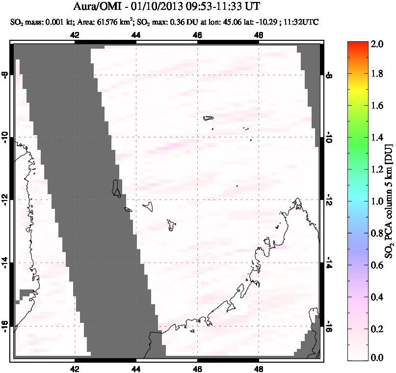 A sulfur dioxide image over Comoro Islands on Jan 10, 2013.