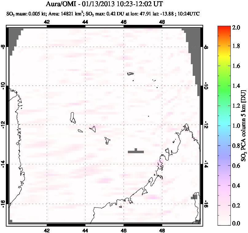 A sulfur dioxide image over Comoro Islands on Jan 13, 2013.